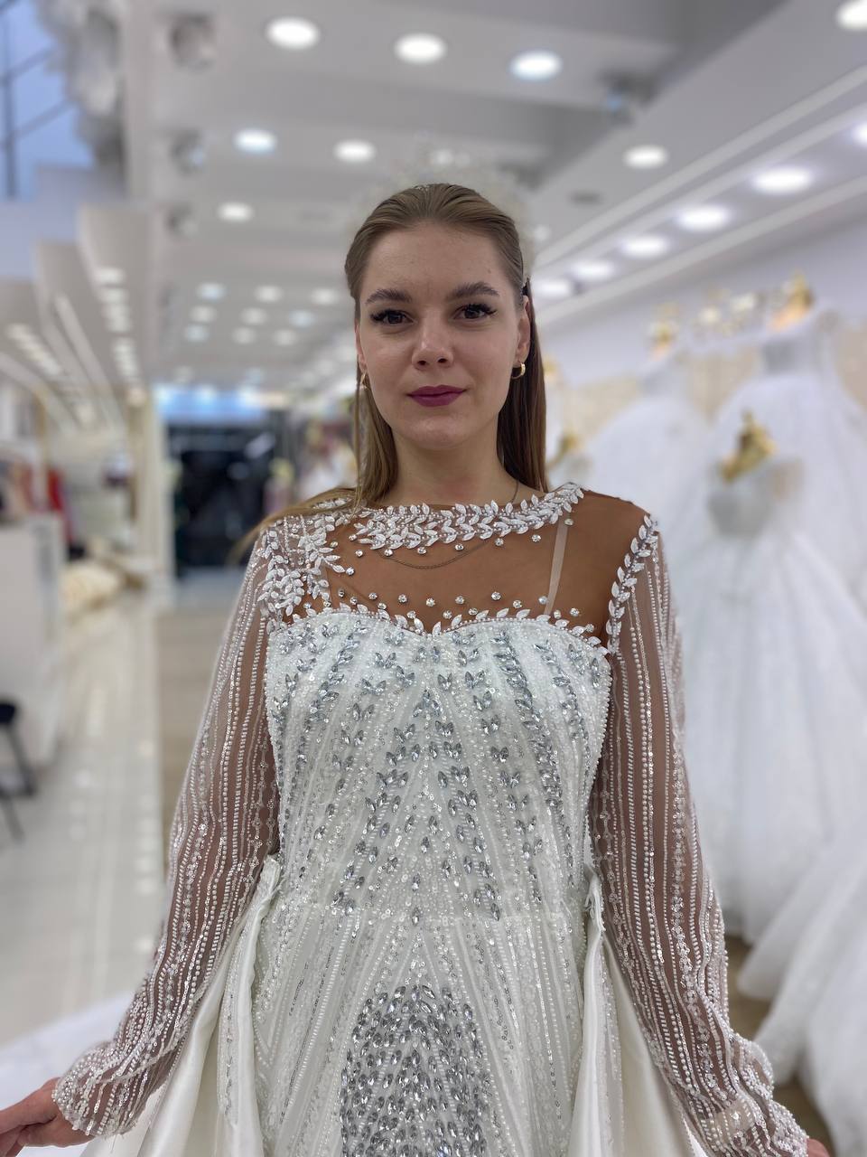 Robe de Mariée Sirène Luxury avec Traîne, Manches Longues, Col Coeur