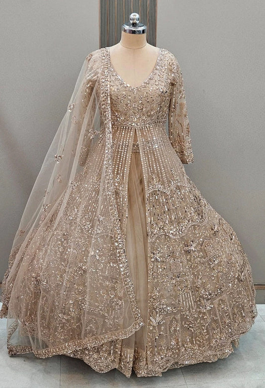 Magnifique Lehenga Anarkali Beige Doré Luxury