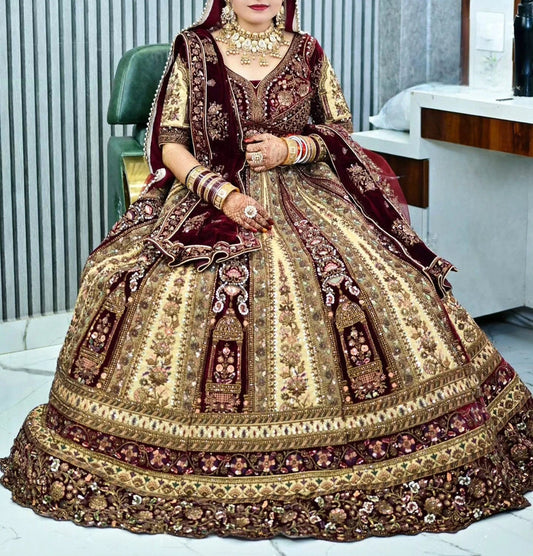 Magnifique Lehenga Luxury Rouge Bordeaux Beige