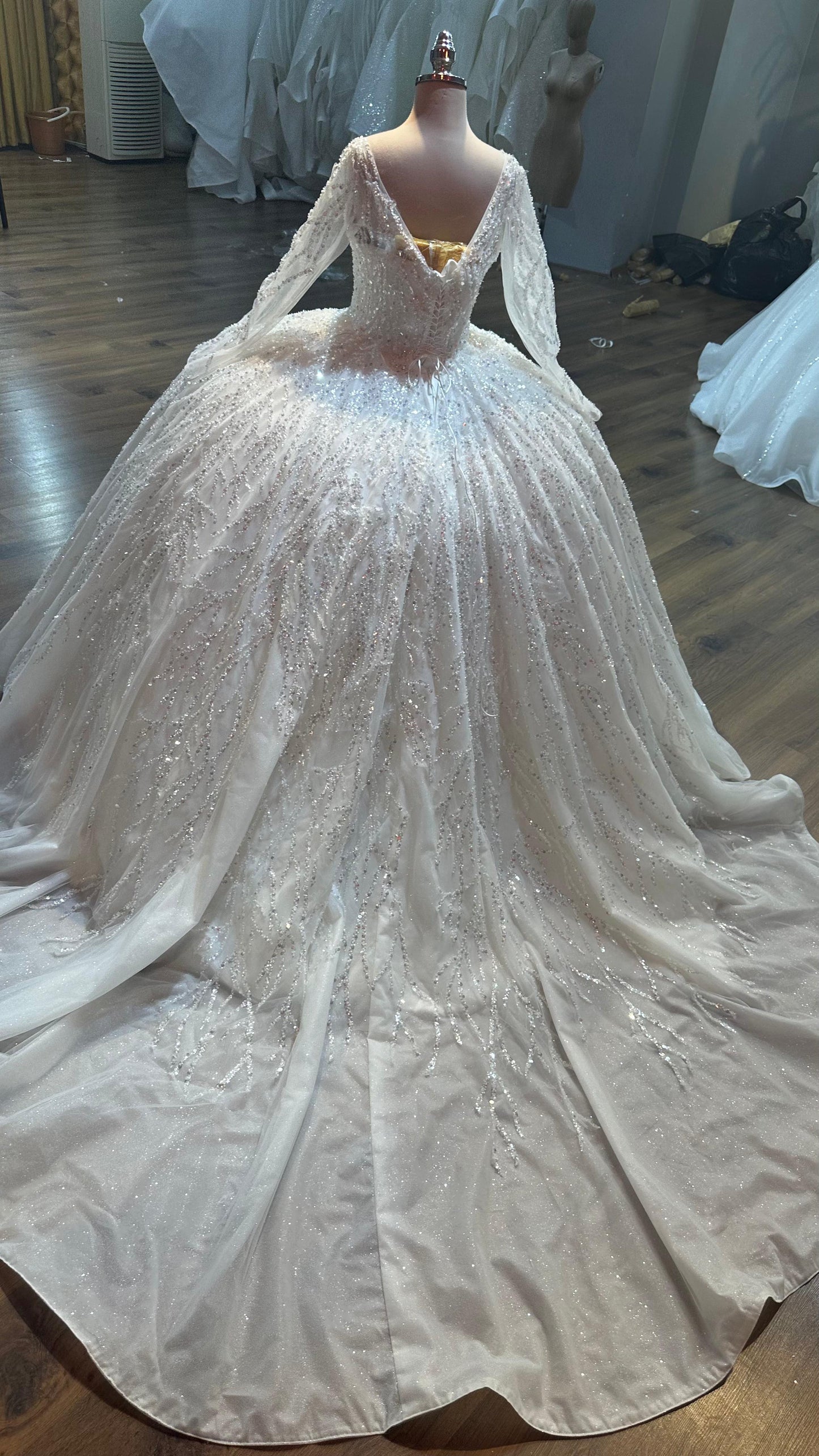 Robe de Mariée Princesse Luxury, Pailleté,  Manches Longues,  Col Bateau avec Traîne