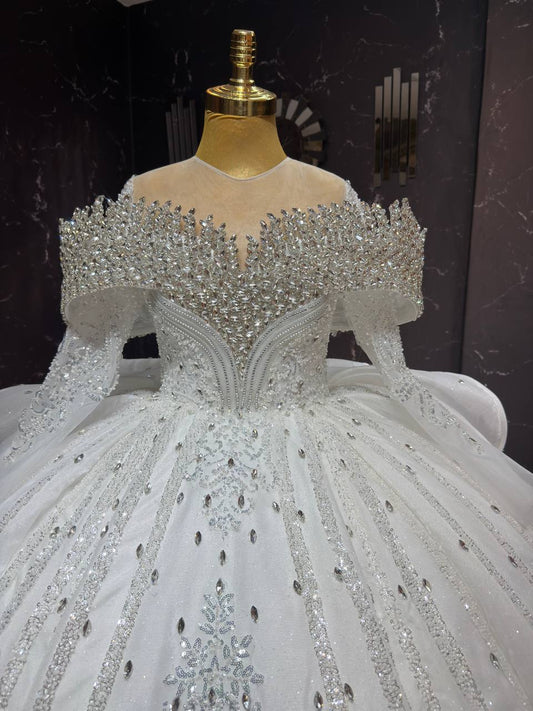 Robe de Mariée Princesse Luxury, Strass, Perles, Paillettes, Manches Longues